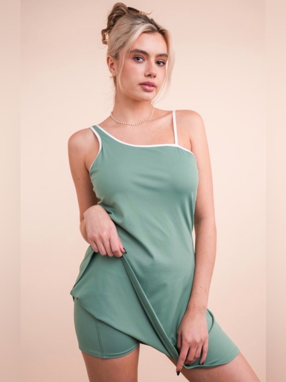 89. Sage activewear dress with White Trim